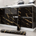 Marble Sheet Sticker PVC Self-Adhesive Waterproof Oilproof Tabletop and Kitchen Cabinet Wallpaper, Black/White with Golden Marble Texture, 0.18mm Thickness. 