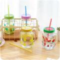 Multicolor  Heat Resistant Fruity Glass Mason Jar Mugs Fruit Juice Cups with Lid and Straw For Milk,  Milkshakes Juices  480 ml. 