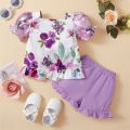 2 Pieces Girls Suit Set, Floral Print Short Puff Sleeve Ruffle Tops+ Solid Color Shorts, 6 Months-3 Years, Purple. 