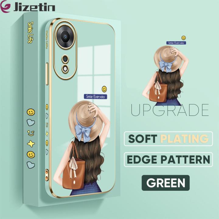 Jizetin for OPPO A58 5G Back Cover Girl In Hat Luxury 6D Plating Case Side  Pattern Soft Silicone Square Mobile Phone Cases