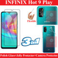 Infinix Hot 9 Play Polish Glass Screen Protector + Back Jelly Protector Premium Quality Glossy sheet + Camera Glass Protector Flexible Gorilla Lens Protector For Infinix Hot 9 Play. 