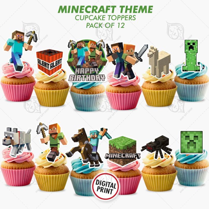Pack of 12 Minecraft Theme Cupcake Toppers, Baby Boy & Girl Birthday Party Celebration & Perfect Birthday gift