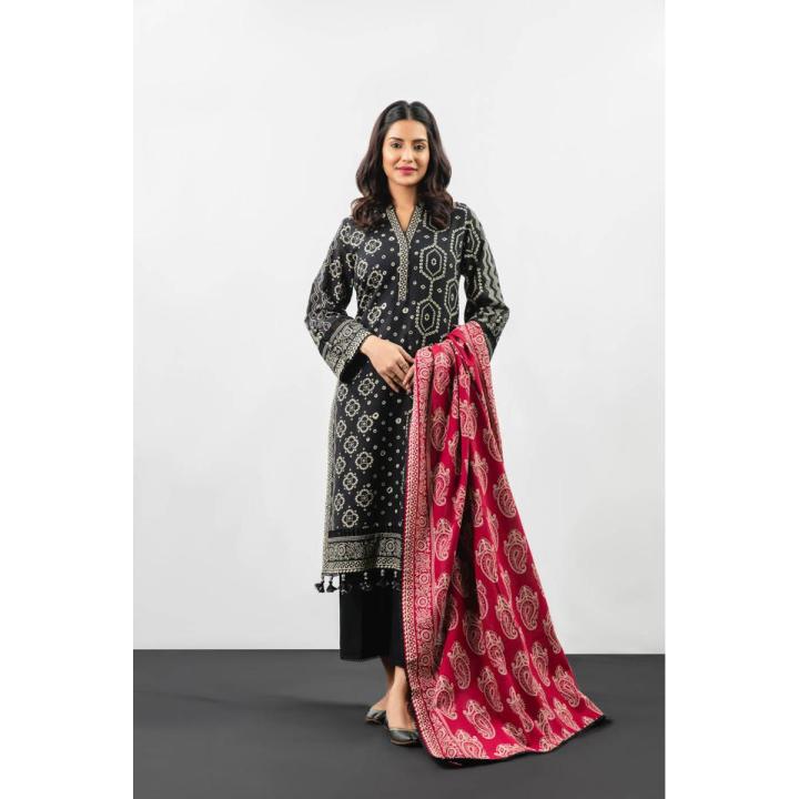 Alkaram Studio Unstitched 3 Piece Printed Khaddar Suit With Khaddar DupattaFW-13.1-23-Black