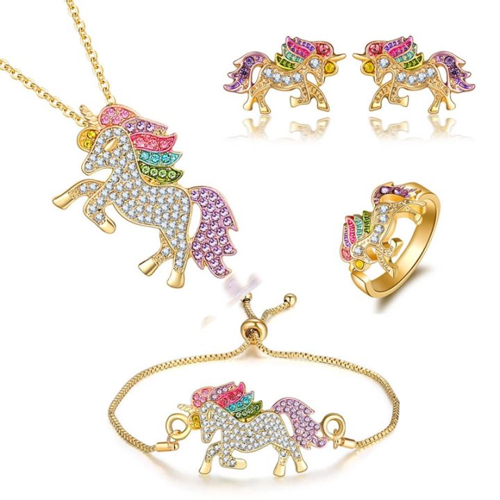 FASH 1*Set Girl Lucky Unicorn Necklace / Bracelet / Adjustable Ring / Stud Earrings Fashion Jewelry Luxury Color Diamond Horse Jewelry