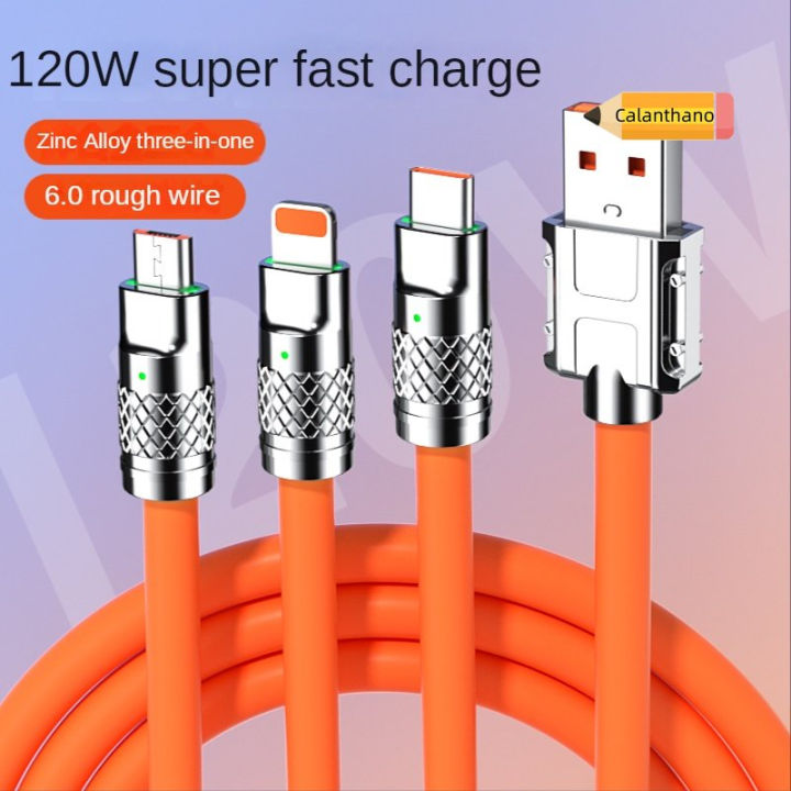 3 in 1 120W 6A Ultra Fast Charger | C Type | Micro USB | lightning | Liquid Silicone Quick Charging Fast Charging Cable with Led Light |