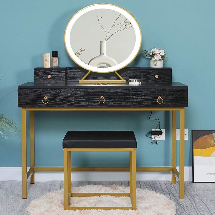Triple Slide Dressing Table: Professional Gold and Black Makeup Organizer  Table with 3 Drawers, Mirror, and Tufted Stool  Elevate Your Glam Routine  with Style and Functionality | Daraz.pk
