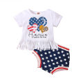 2 Pcs Independence Day Pants Set, Baby Girls Letter & Heart Print Short Sleeve Tassel T-shirt + Star & Stripe Print Shorts. 