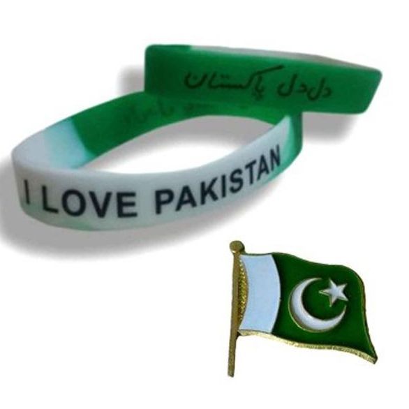 Pack of 3 - 2 Pakistan Independence Day Wrist Band & 1 Badge - Green & White ahsi