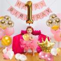 1st Birthday Girl Decorations WITH Gold Crown Balloons,Pink Gold Happy Birthday Banner, Confetti Balloons,Number 1 Birthday Balloons for Pink and Gold Party Supplies Decoration. 