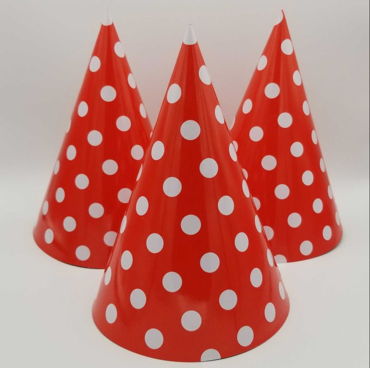 RED POLKA DOT BIRTHDAY PARTY CAPS - PACK OF 10 CAPS - RED POLKA DOT THEME CAPS