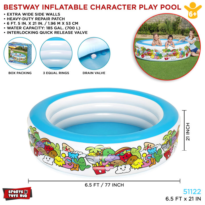 6.5 Ft Bestway Inflatable Cartoon Characters Pool 3 Ring Swimming Pool For Kids Summer Season Pools Party With Inflatable Pool, Family Fun Indoor & Outdoor Kids Water Games Swim Play Bath Pool & Enjoy Summers Swimming Pool For Toddler & Kids Code: 51122