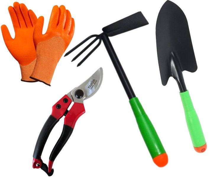 4 Pcs Gardening Tools Iron Hoe Rake for Gardening, Gardening Shovel, & Rake Plant Cutter. Garden Accessories and Garden Set Tools