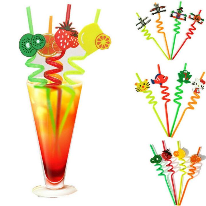 Set of 4 ,Funny Stylish Funky Spiral Straw For Kids Fruit Shape Emoji Shape Straws Silly Crazy Loop Straws Multicolor Reusable Spiral Straw for Kids & Party, 4 Pcs Packet, For Event and Party Supplies