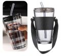 Techmanistan Glass Tumbler with Straw, Lid, Handle With Protective Leather Sleeve, Reusable Glass Coffee Tumbler, Glass Straw Milk Coffee Cup With Lid. 