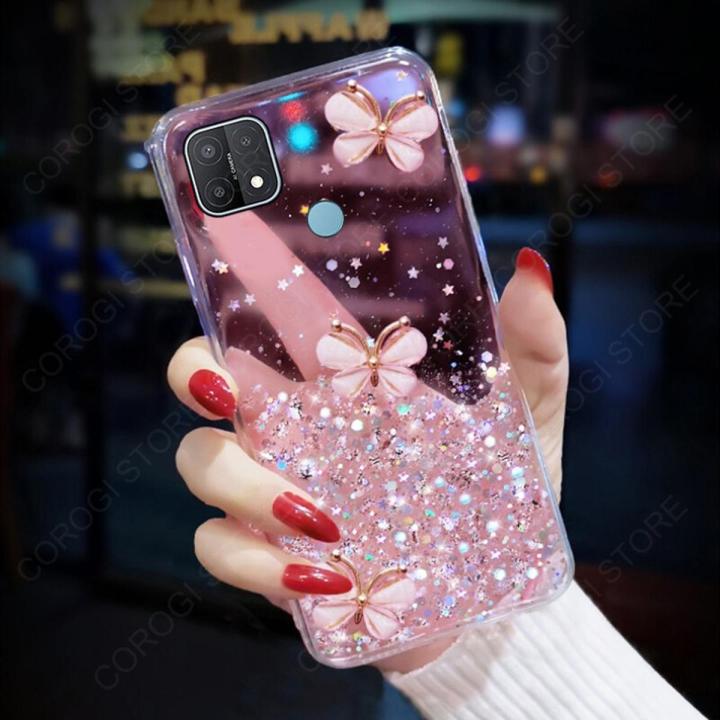 For OPPO A15 A15s Back Cover Luxury 3D Shiny Rhinestone Butterfly