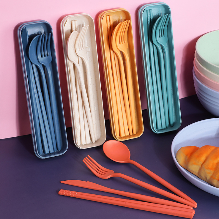 Spoon Fork Chopsticks Knife Box Wheatstraw Natural Plastic Cutlery 4 Pcs Set