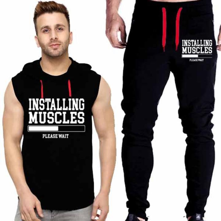 Black Vinyl Installing Muscles Printed Gym Summer Hooded Sleeveless Tracksuit for Mens (Hooded Tshirt + Trouser )