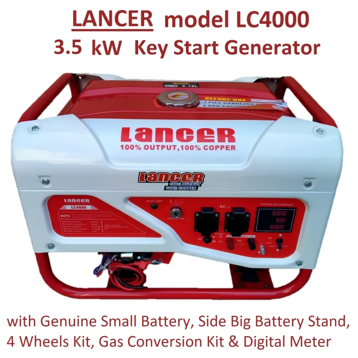 Generator 4Kva -3.5Kw  - Lancer LC4000  - with Big Side Battery Stand with Battery n Gas Kit n Wheels Kit