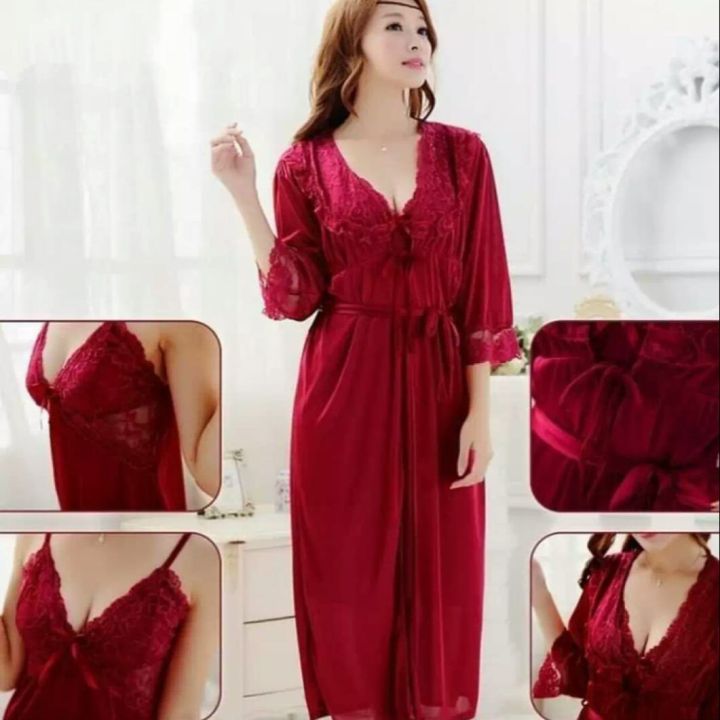 Nighty 3 Piece Night Wear For Women / Sleepwear / Sexy Nighty (GOWN + Inner Dress+ Pyjama) Maroonn