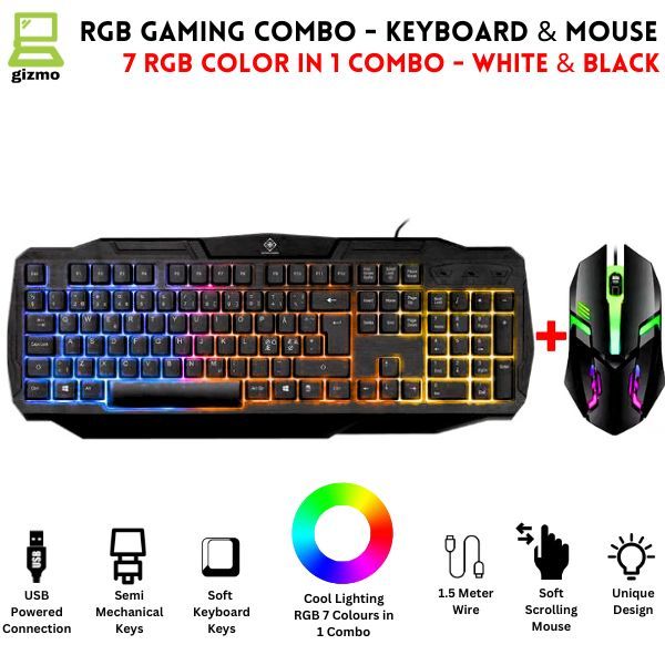 RGB Gaming Keyboard & Mouse Combo - 7 Colour Wired RGB Mouse and Keyboard Set - USB Wired Pack For PC & Laptop - White & Black