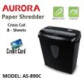 Aurora AS-890C paper Shredder, 8 sheets Crosscut Shredder (5x47mm) with 13ltr bin, Shred Credit Card/Mail/Staple/Clip, P-3 Security Level Document Shredder with 220mm throat width, small size portable shredder ideal for home and office. 