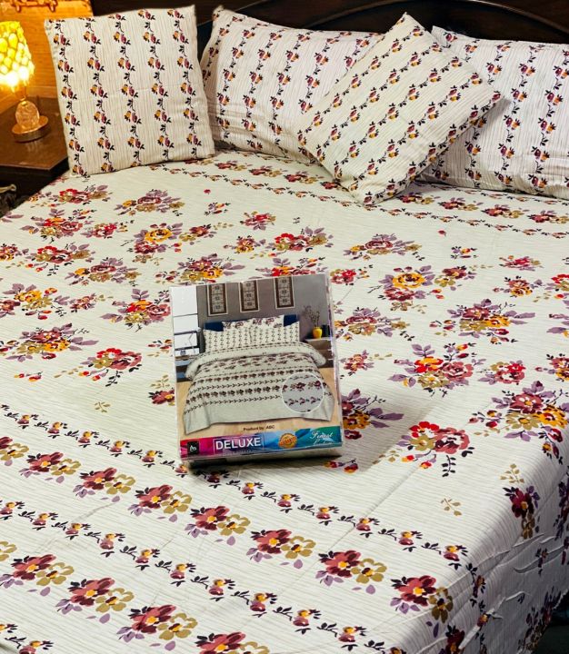5 Pcs 100% Pure Cotton King Size Double Bedsheet With 2 Pillow Cover & 2 Cushion Cover