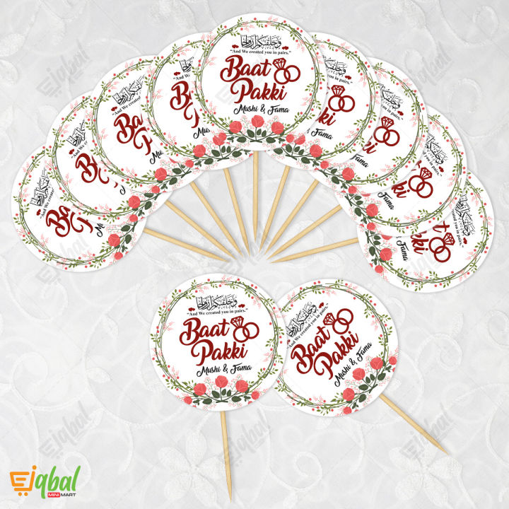 Customized Baat Pakki Mithai Cupcake Toppers Pack of 10 Engagement Topper for Wedding Party Celebration