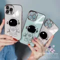 For Samsung Galaxy Grand Prime / Grand Prime Plus Back Cover with Cartoon Astronaut Folding Stand Luxury 6D Plating Frame Shiny Cases Soft Silicone Square Protective Mobile Phone Case. 
