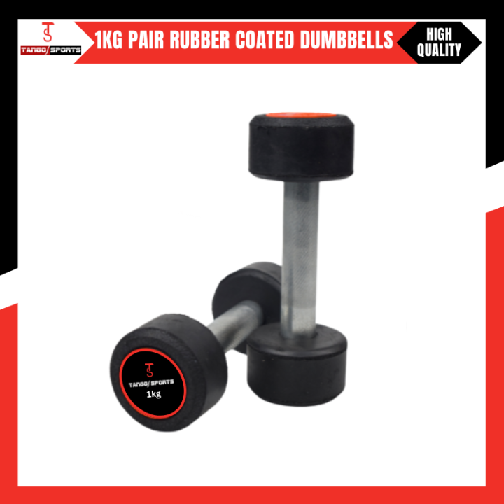 1kg Rubber Coated Dumbbells, 1kg dumbells Pack of 2 - Black