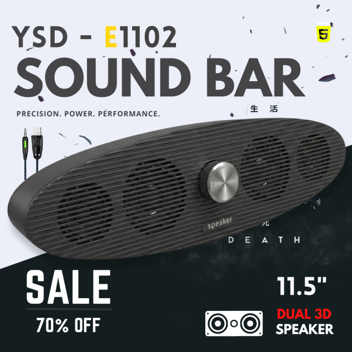 YSD E1102 Original Multimedia Soundbar | Dual High-Power Speakers + Twin Bass Diaphragms 360° Surround Sound | USB Powered 3.5mm Wired Desktop Speaker for Gaming, PC & Laptop - Add-To-Cart