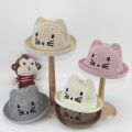 Child Summer Sunscreen Straw Knit Sun Fisherman Hat Boy Girl Imitation Raffia Embroidery Cartoon Cat Breathable Basin Cap R64. 