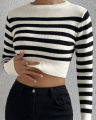 bellylady Omens Cropped Striped Sweaters Oversized Batwing Long Sleeve Crew Neck Crop Tops Knit Pullover. 