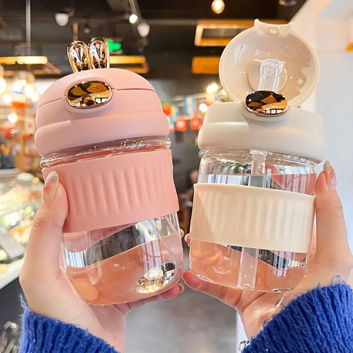 Cute Rabbit Straw Glass Cute Cartoon Girl Portable Cup Office Coffee Drink Water Cup.
