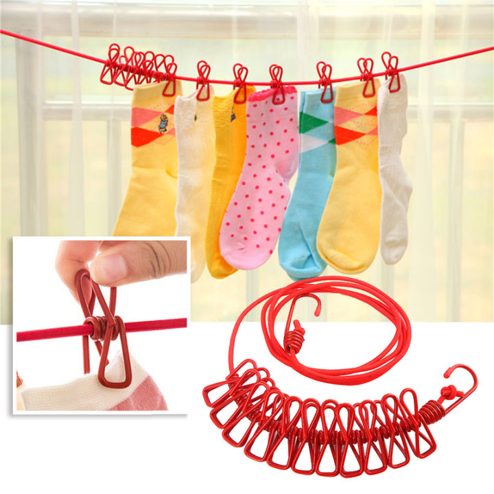 Clothesline Rope Elastic Cloth Drying Hanging Rope with 12 Clips and 2 Hooks Travel Clothesline Hanging Laundry Drying Rope (Multicolor) 185CM