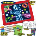 Bonus Magic pad Light up LED Drawing Tab which Includes 4 Dual Side Markets, Fun Guide 42 Stencils, Glow Boost Card, Dry Eraser and Carrying Case. 