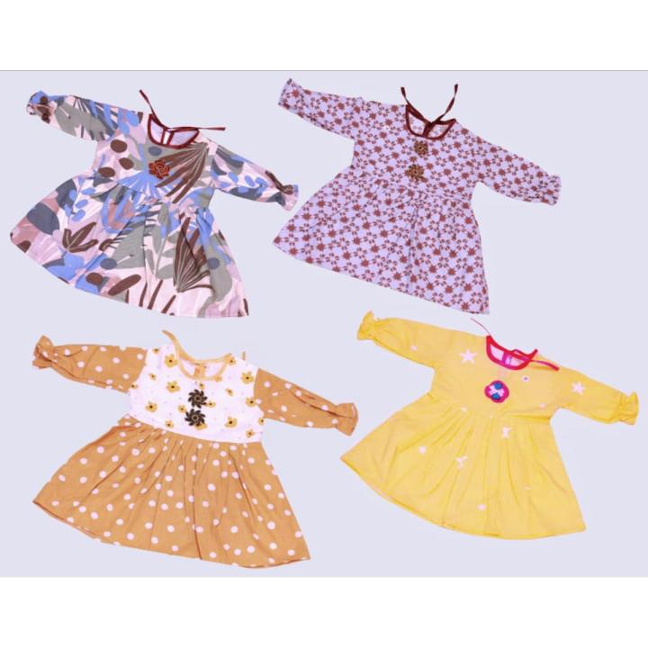 Pack Of 4 Full Sleeves Winter Cotton Frock For Girls (Random Design)