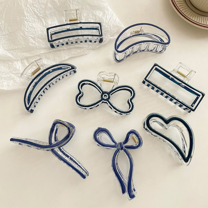 Fashion Bow Hair Claw Blue Color Hollow Square Bow Shaped Plastic Shark Clips Simple Hairpin For Women Girls Hair Accessories Yao Store