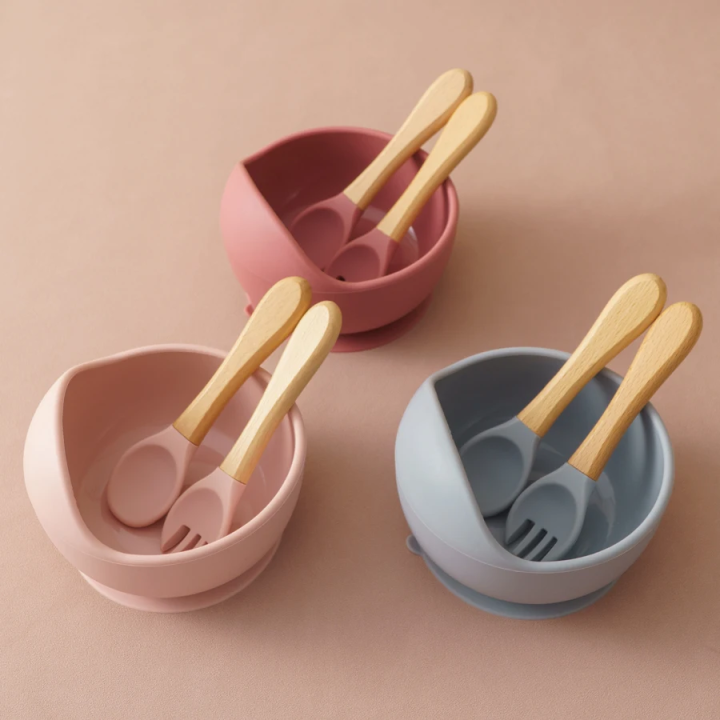 3Pcs Silicone Suction Bowl Set Wooden Spoon Fork Baby