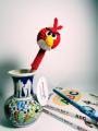 Crochet Angry Bird Shape Pencil Topper - Red. 