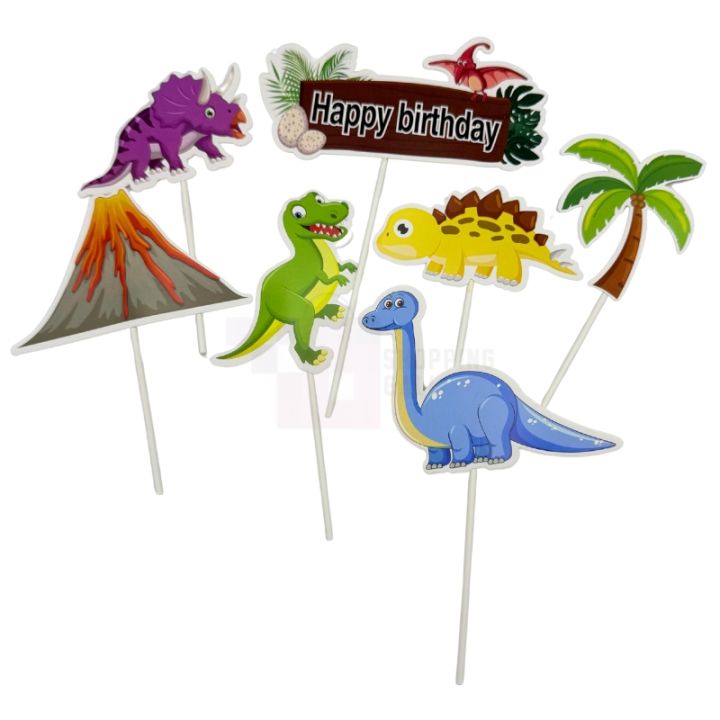 Dinosaur Theme Cake Toppers - Cake Toppers - Green Colors - Unisex Theme - Pack Of 6 Cake Toppers