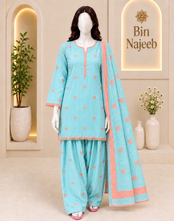 Bin Najeeb Women’s 3 Piece Embroidered Suit – Kurti, Trouser & Dupatta
