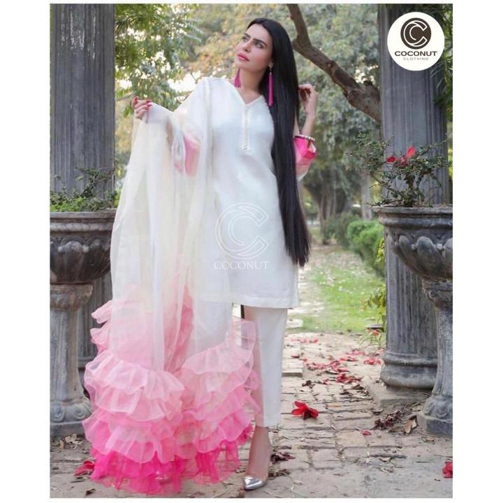 Stylish Frill Dupatta Net 3 Piece Suit for Women (Three Piece Suit) .