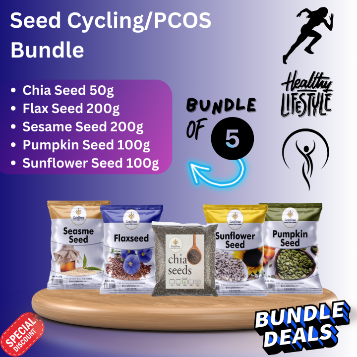 Pack Of 5 Seeds For Seed Cycling And PCOS (Chia Seeds 50 g, Flax Seeds 200 g, Sesame Seed 200 g, Sunflower Seeds 100 g, Pumpkin Seeds 100g)