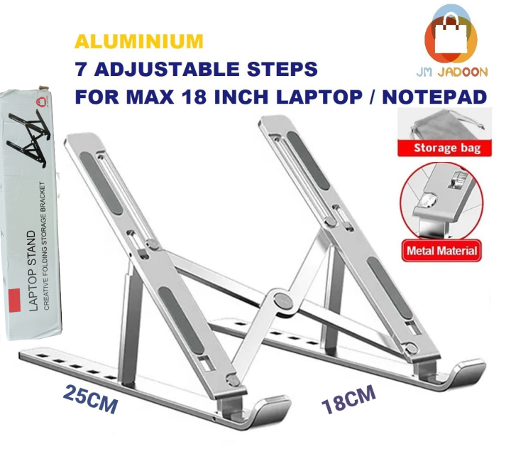Metal Laptop Stand Portable Laptop Stand 7 Gear Slot Anti Slip Silicone Foldable Adjustable Laptop Stand Compatible with all sizes of Laptop Easy to Carry Smart Stand Strong Material High Quality Stand Silver Color