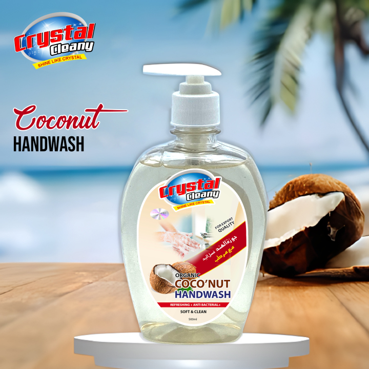 Coconut Hand Wash 500ML - Hand Wash - Velvet Touch Soft Antiseptic Hand Wash - Protection for Smooth and Soft Skin - Family Shield Antibacterial Germ Protection - Crystal Cleany