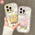 Fashion Cartoon Spongebob Doodle Cute Patrick Star Casing Compatible for IPhone 7Plus 12 11 15 14 13 Pro Max XR XS Max X 15 8 7 Plus Luxury Puff Mirror Make Up Couples Cover. 