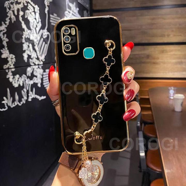 For Infinix Hot 9 Play Back Cover with Bracelet Wristband Luxury Clover Chain 6D Plating Frame Shiny Girls Cases Soft Silicone Square Protective Mobile Phone Case