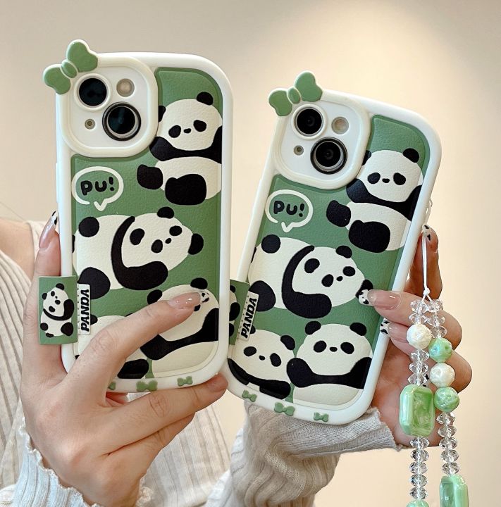 Sroof Case For 11 12 13 14 15 Pro Max Fun and cute green little panda cartoon bow Shockproof Silicone Soft Phone Case Back Cover