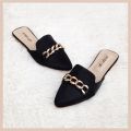 Women's shoes Flat Black Pumps With Chain Embellishment. 