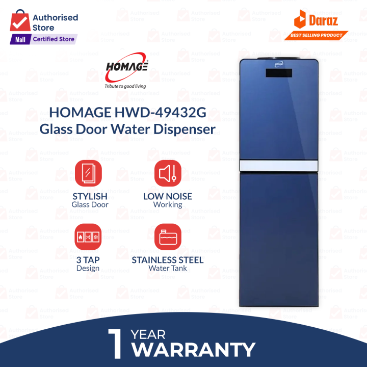 Homage Water Dispenser -HWD-49432G BLG- Glass Door- 3 Taps - Stainless Steel Water Tank- With Refrigerator | 100% Copper | 1 Year Warranty